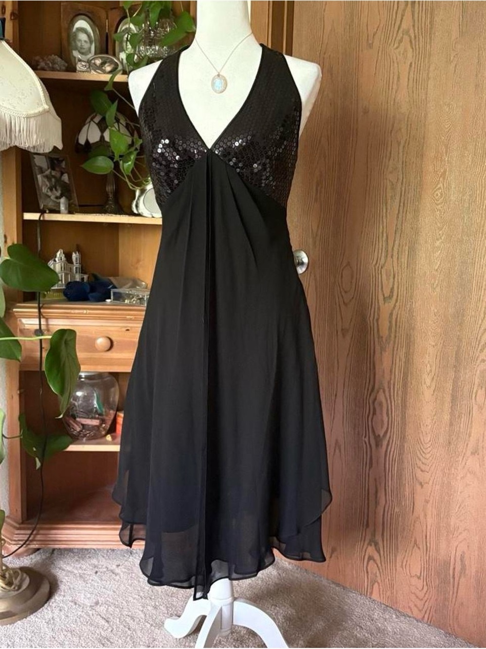 Donna Ricco Black Sequin Halter Midi Dress
